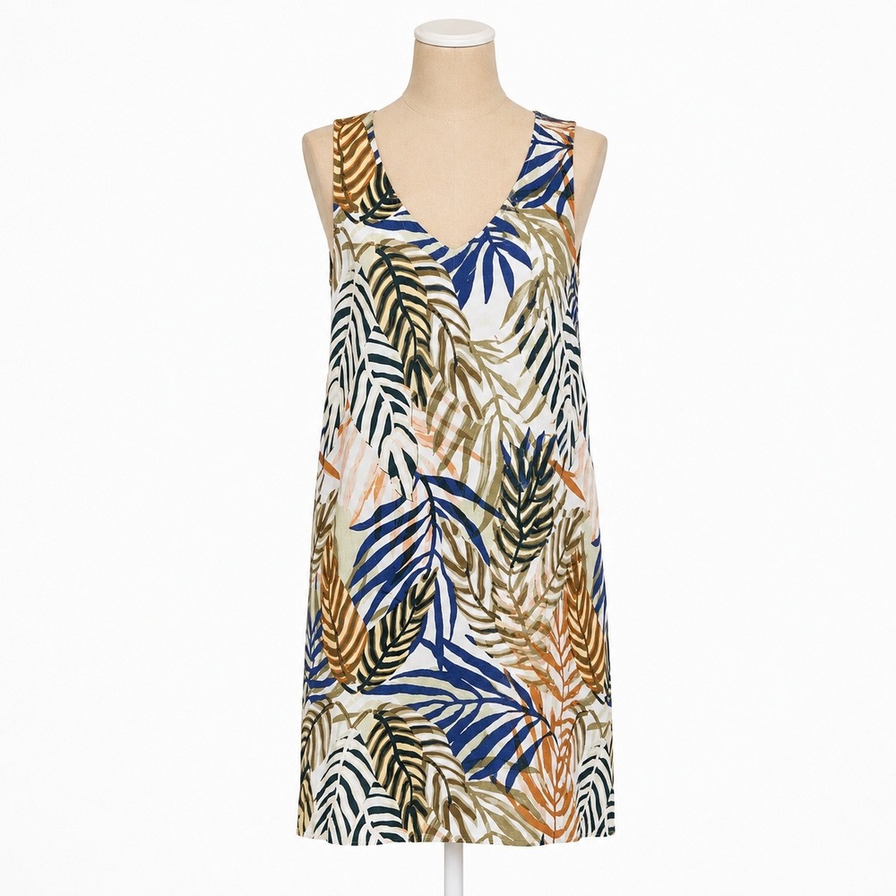 100% Linen Tropical Palm Leaf Mini Dress Sz S Pockets Beach Coastal Resort Boho